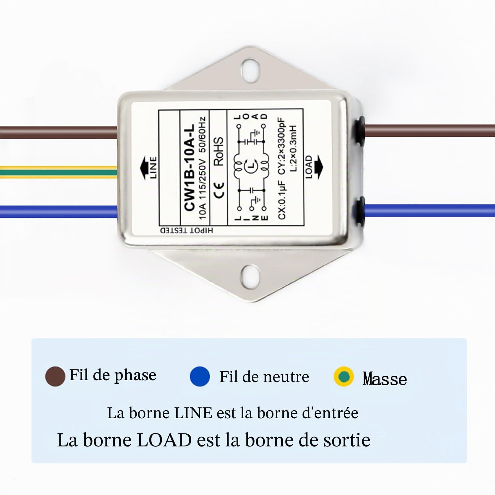 2 pièces de filtre EMI, CW1B-10A-L (040) filtre monophasé, 250 V filtres d'interférences électromagnétiques, pour la suppression des perturbations continues et intermittentes