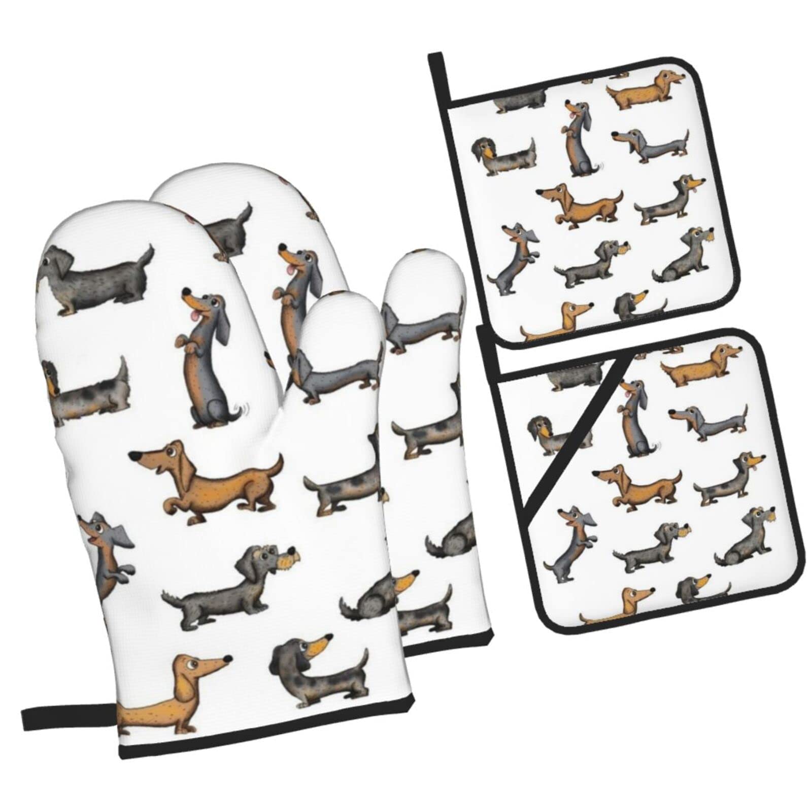Dachshund Oven Mitts and Pot Holders Sets, Christmas Oven Mitt Kitchen Heat Resistant Non-Slip Pot Holders Set for Cooking Baking BBQ