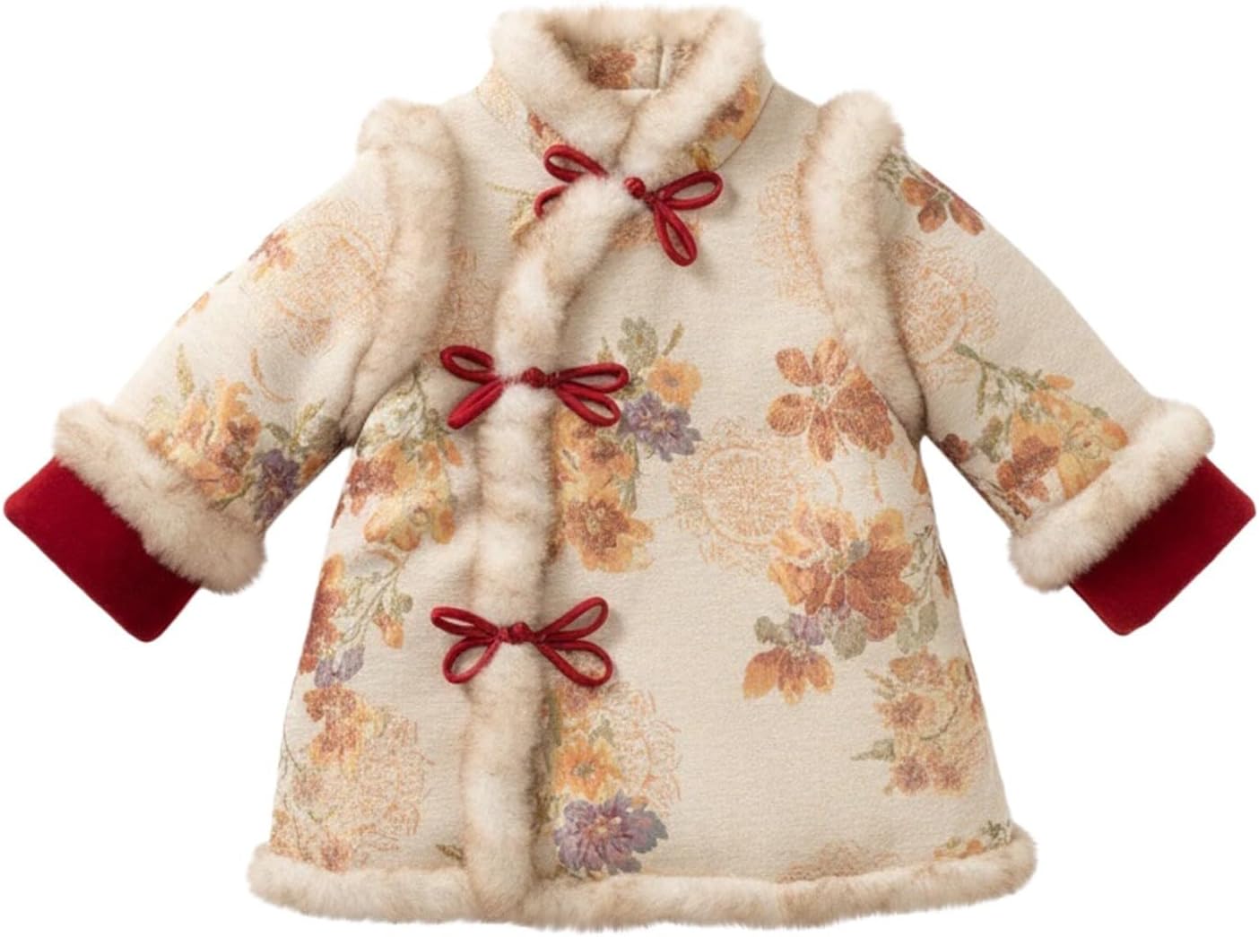 Toddler Baby Girls Tang Coat Fleece Lined Jacket New Year Furry Trim Traditional Embroidered Bow Button Clothes Kids Outwear