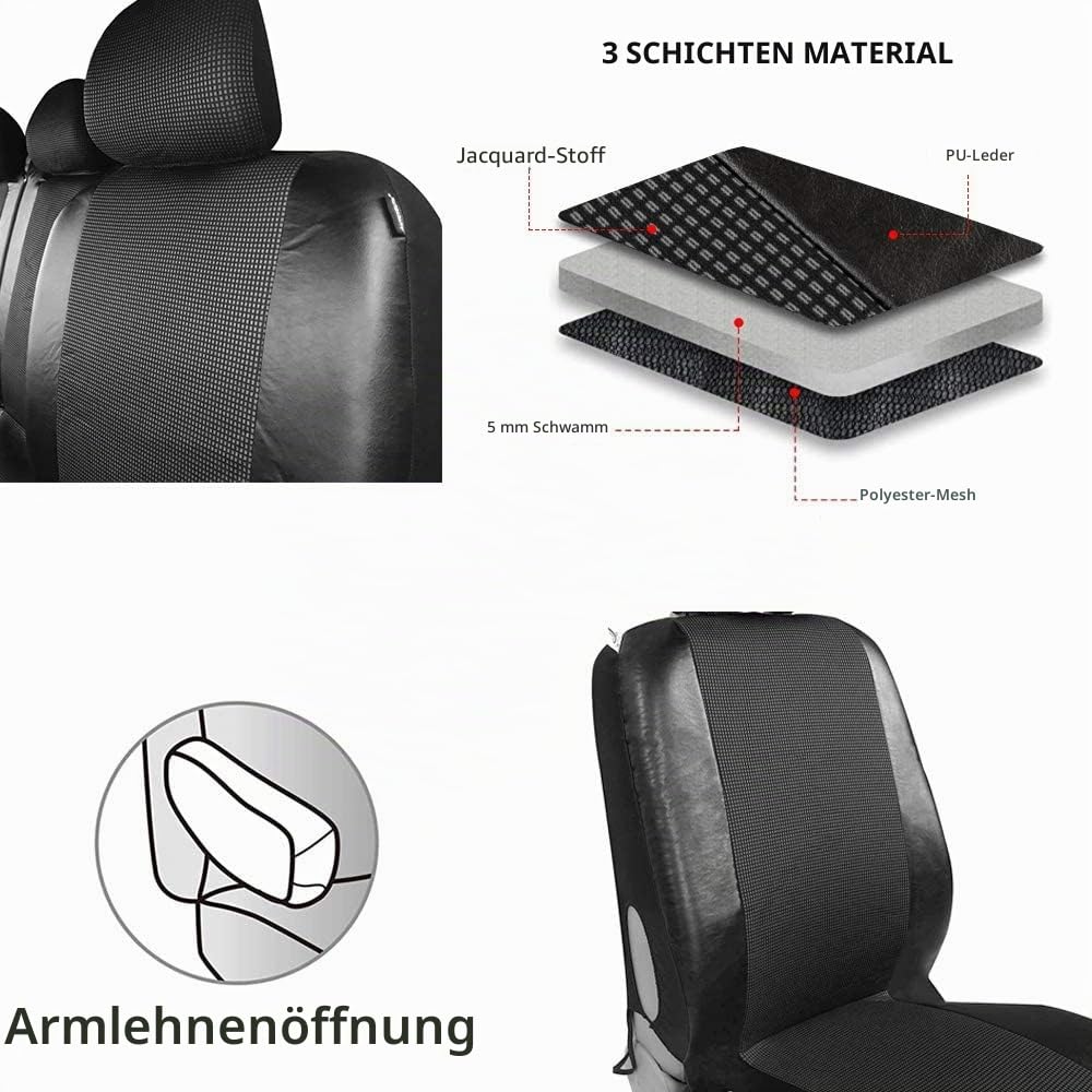TOYOUN Sitzbezüge Auto für Transporter Vordersitze 2+1 Universal Schonbezüge Sitzschoner Auto für Fahrersitz + 2er Beifahrersitzbank Autositzbezüge Kunstleder Stoff Spleißen, Grau