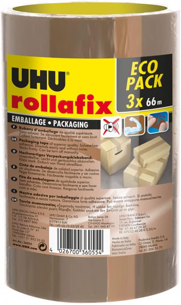 UHU Rollafix – Brown Packaging Tape, Pack of 3, 66 m x 50 mm