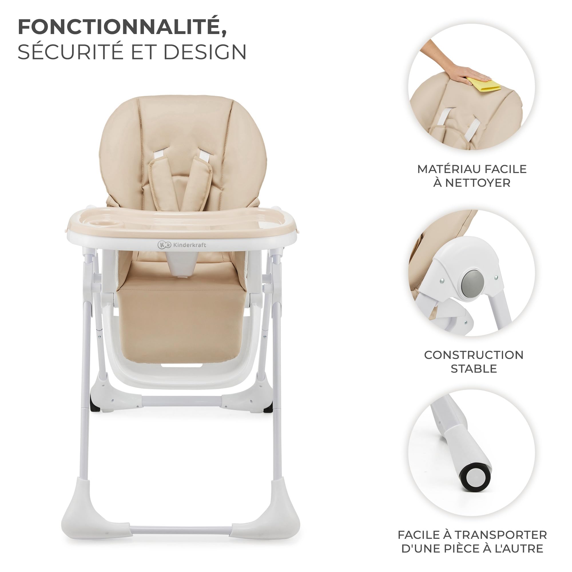 Kinderkraft TUMMIE Chaise Haute 2 en 1, pour Bébé Ergonomique, Confortable, Inclinable, Pliable, avec Hauteur Réglable, Repose-Pieds, Plateau Amovible, pour Tout-Petit, avec jouets, Beige