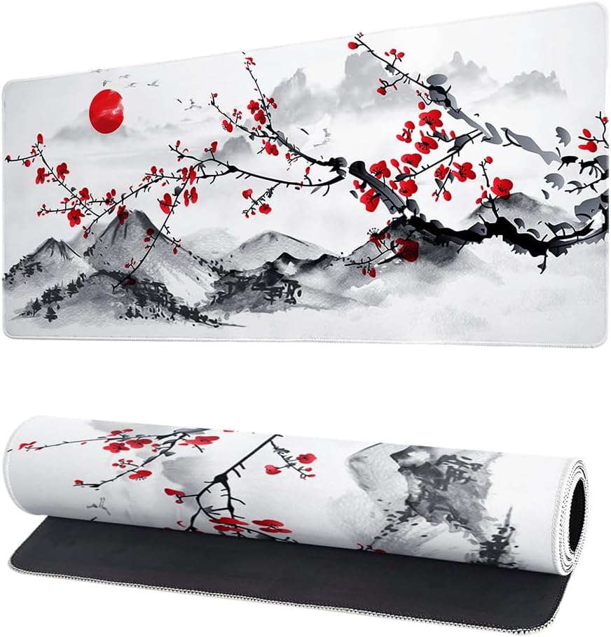Watercolor Cherry Blossom Mouse Pad 900mm x 400mm x 3mm, Japanese Sakura Gaming Mousepad Extended Large Non-Slip Rubber Base Waterproof Big Keyboard Mat Desk Pad with Stitched Edge for Gaming