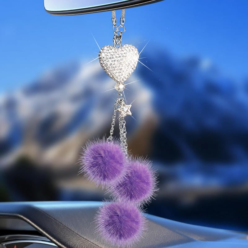 Enfeite de espelho retrovisor interno Hitluste com coração roxo e bola de pelúcia – 1 unidade