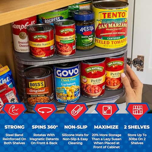 Image of Mighty Susan 2-Tier Lazy Susan Pantry Organizer - Steel Reinforced Turntable for Kitchen Cabinets & Pantry Storage - Heavy-Duty Can Organizer Holds Up to 30 lbs - Rotates 360 - Includes 2 Bonus Bins