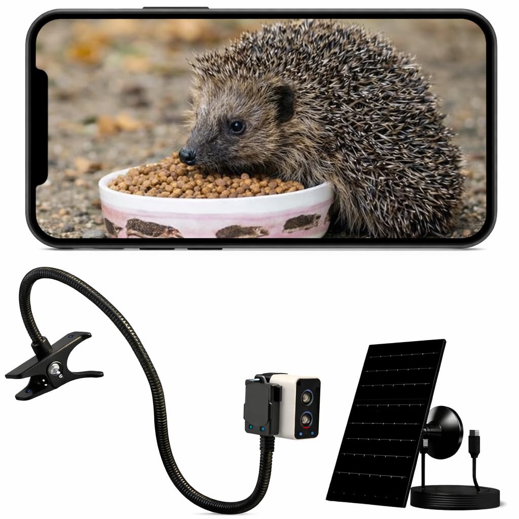 Hedgehog Feeder Camera WiFi 4MP HD – Hedgehog Feeding Station Camera for Garden Wildlife, Solar Powered WiFi Camera with Live View App, Night Vision, Motion Alerts, Outdoor Wildlife Gift