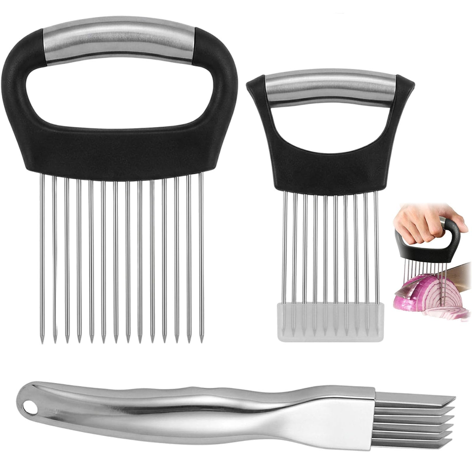 3Pcs Vegetable Slicer Cutter, Onion Slicer Holder, Efficient Kitchen Tool for Uniform Vegetable Cutting, Kitchen Set for Cutting Onions, Potatoes, Meat and Fruits, for Home and Professional Use