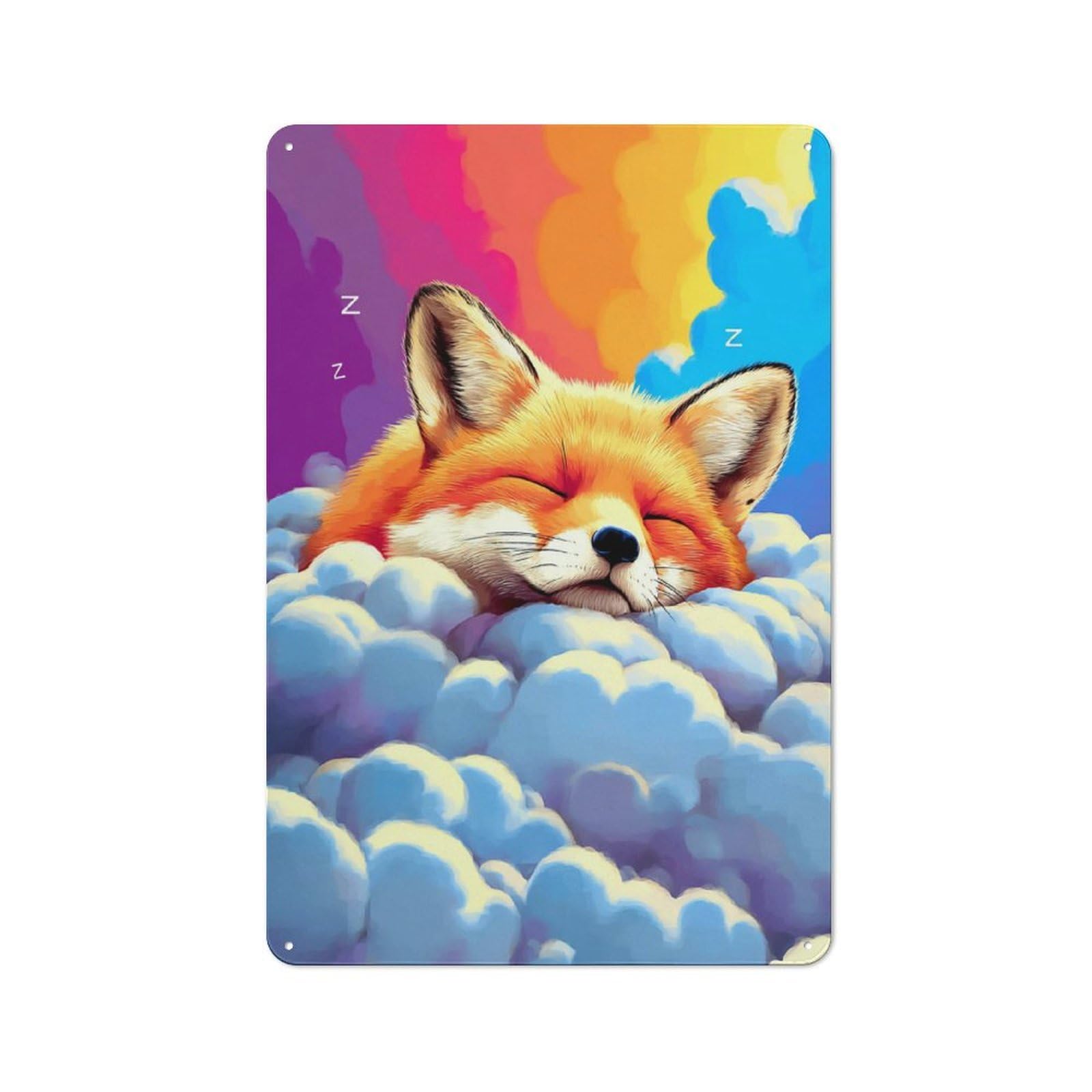 Junmoney Sleeping Fox In Clouds Retro Metal Sign With Design 30X20cm, Retro Old Style Wall Plaque For Kitchen, Hallway, Bar Or Small Cafe