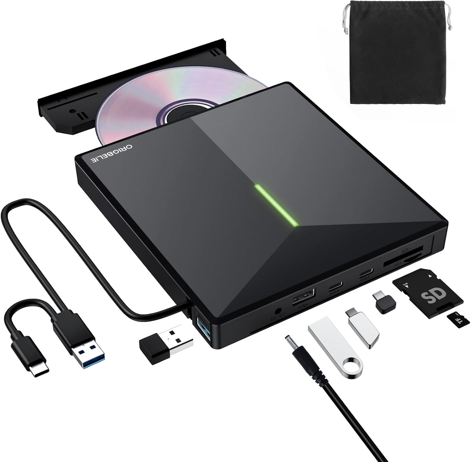 ORIGBELIE External CD/DVD Drive for Laptop, USB 3.0 DVD Player with 4 USB Ports & 2 TF/SD Card Slots, Portable CD/DVD +/-RW Drive Burner Reader Writer for Desktop PC Windows 11/10/8/7 Linux Mac OS