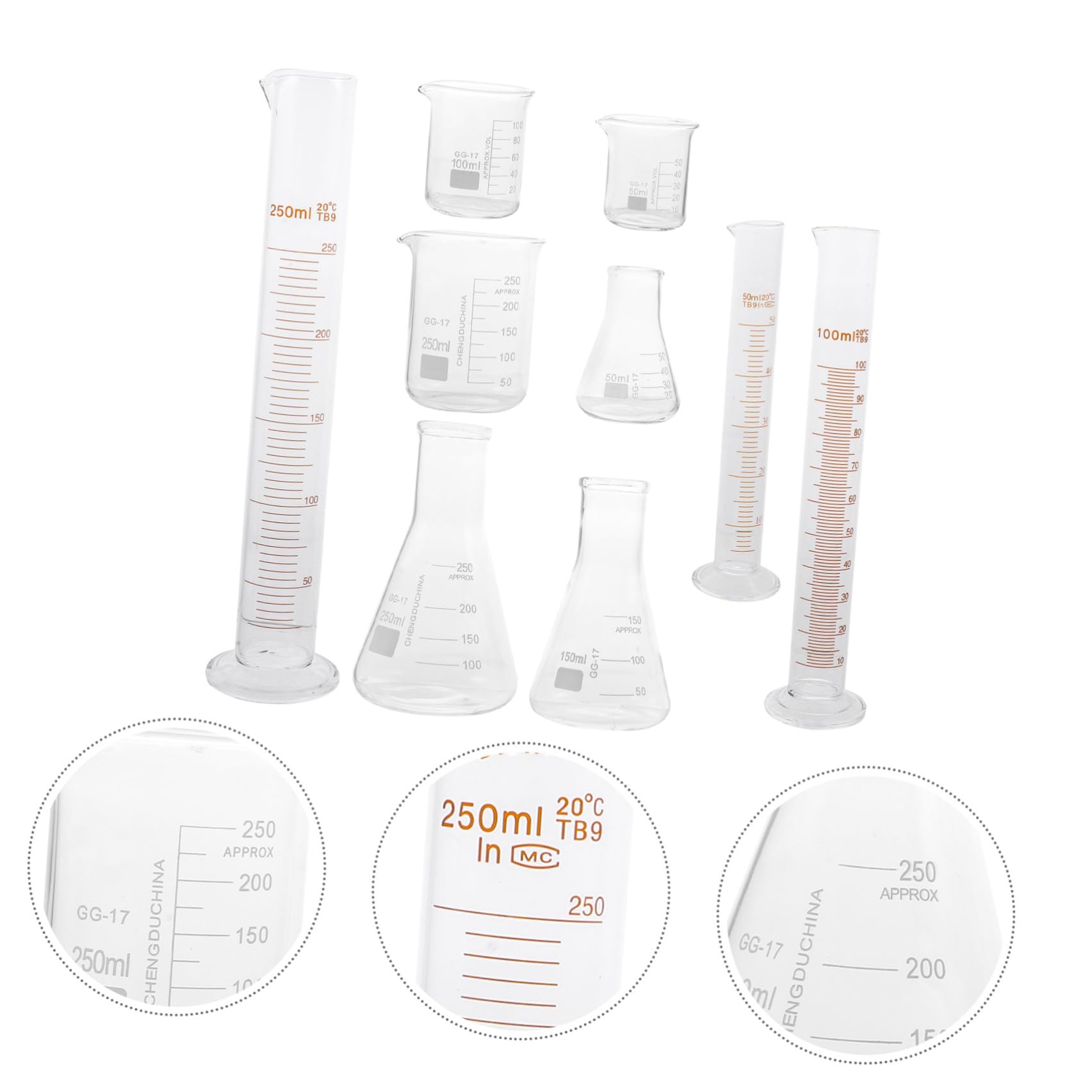 Anneome Cilindri Graduati in Vetro Resistente ad Alte Temperature di Vetreria da Laboratorio Set di 9 Pezzi da 50ml a 250ml per Misurazioni Accurate in Chimica