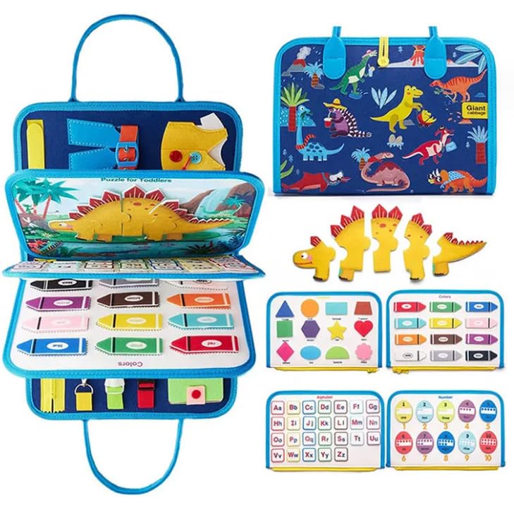 Busy Board, Montessori Toys for Toddlers Develop Basic Skills, Travel Educational Toys Learning Basic Dress Skills Sensory Toys for 3 4 Year Old Boys Girls Birthday for Kids (Dinosaur)