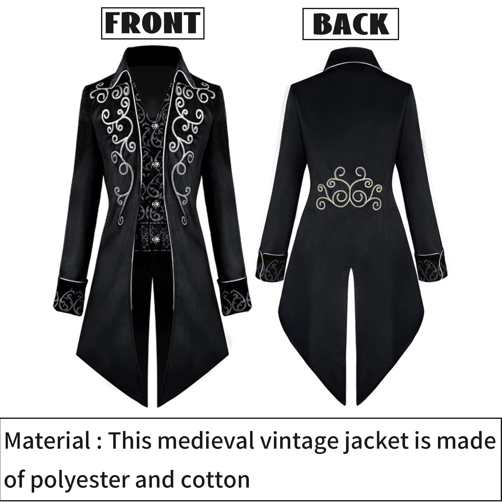 TTOKGZG Men's Medieval Steampunk Tailcoat Costumes Gothic Vintage Court Jacket for Adult (Black, S) - Image 2