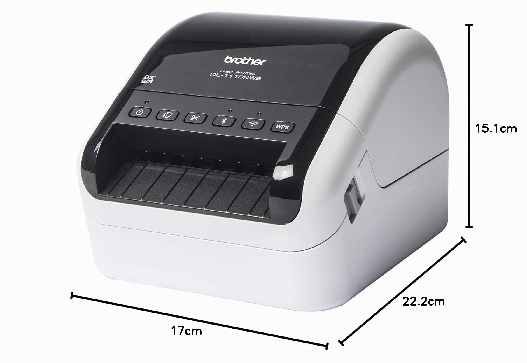 Brother QL1110NWBC | Etikettendrucker | Anschließbar an PC | USB, LAN, WiFi, Bluetooth | bis zu 110 mm/sec | DK-Rollen bis zu 101,6 mm (4") | Druck in Schwarz auf Weiß