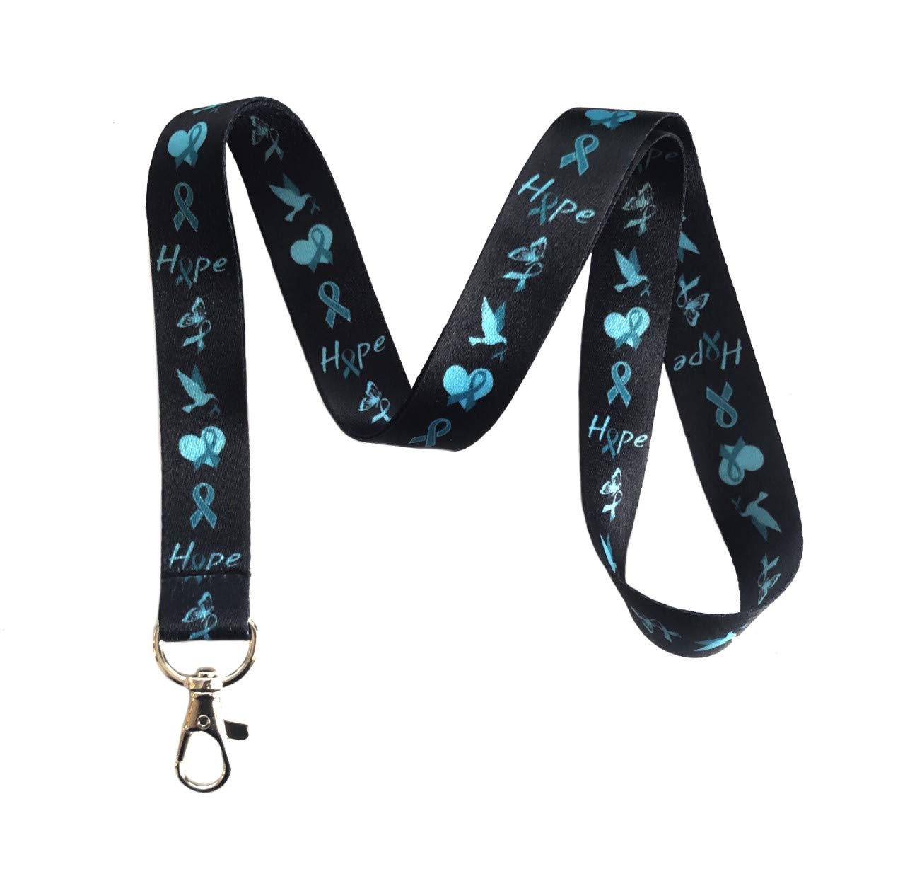 Awareness Ribbon Print Lanyard Key Chain Id Badge Holder (Teal)