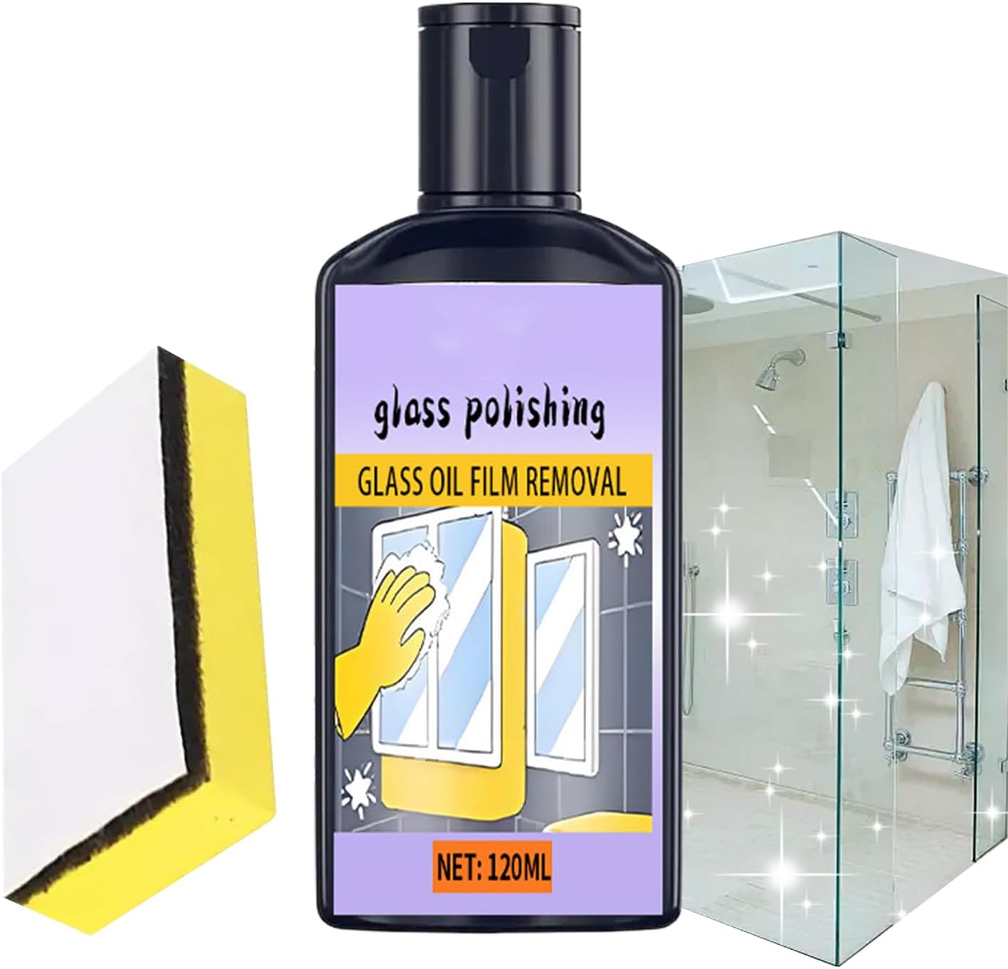Shower Glass Cleaner 120ml Oil Film Cleaner with Sponge for Window
