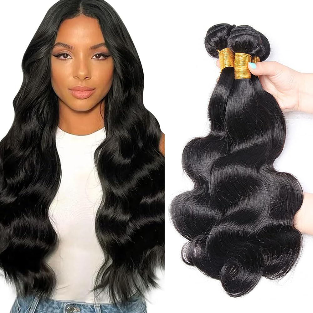 AiPliantfis #1b Black Body Wave Human Hair Bundles 28 30 32 Inch Weave 3 Bundles Total 300g Unprocessed Glueless Virgin Natural Color Human Hair Extension