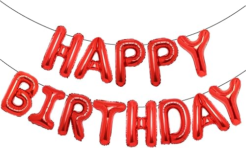 Accevo Cartel rojo de Happy Birthday, 16 pulgadas, letras de papel de aluminio, globos con patrón de corazón, feliz cumpleaños para niños, adultos,