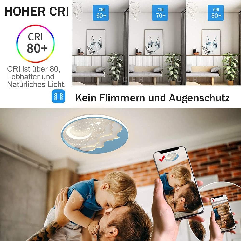 LED Kinder Deckenlampe Stern Mond Deckenleuchte Acryl Lampenschirm D50cm 50W Weiß Fernbedienung