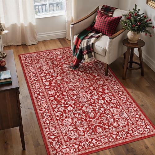 Christmas Area Rug 3x5 Red Washable Office Carpet Holiday Door Mat Vintage Low Pile Distressed Retro Floral Throw Non Slip Soft Decorative Xmas Rug for Entryway Kitchen Bedroom Bathroom