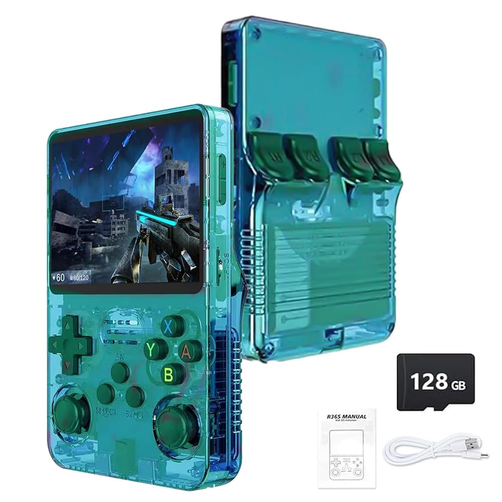 R36S Retro Handheld Game Console - 21,000+ Classic Games, 3.5" IPS Screen, 64GB/128GB, Portable Linux Gaming Device (128-green)