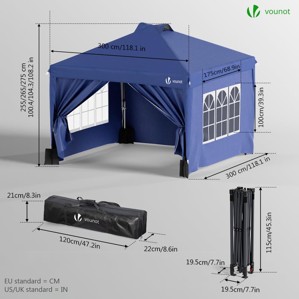 VOUNOT® Carpa Plegable Gazebo 3x3m Botón Central, Cenador Pabellón de Jardín con Paredes Laterales, Sacos Arena y Bolsa de Transporte, Pérgola Tienda Protección UV para Camping Fiestas Exterior, Azul