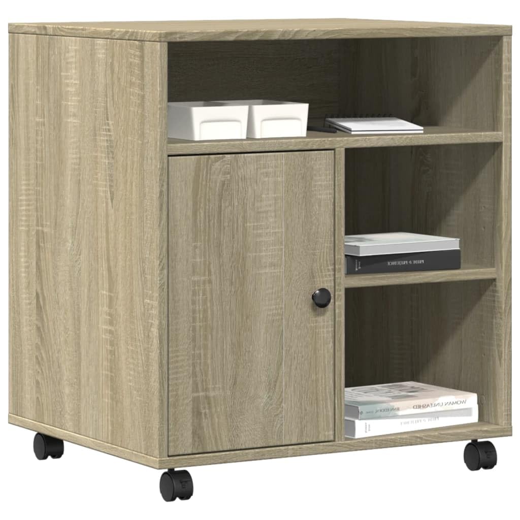 Mesa de impresión de roble Sonoma con ruedas, soporte para impresora, 60 x 50 x 67 cm, multifuncional para oficina y hogar, con 2 ruedas bloqueables, mucho espacio de almacenamiento para