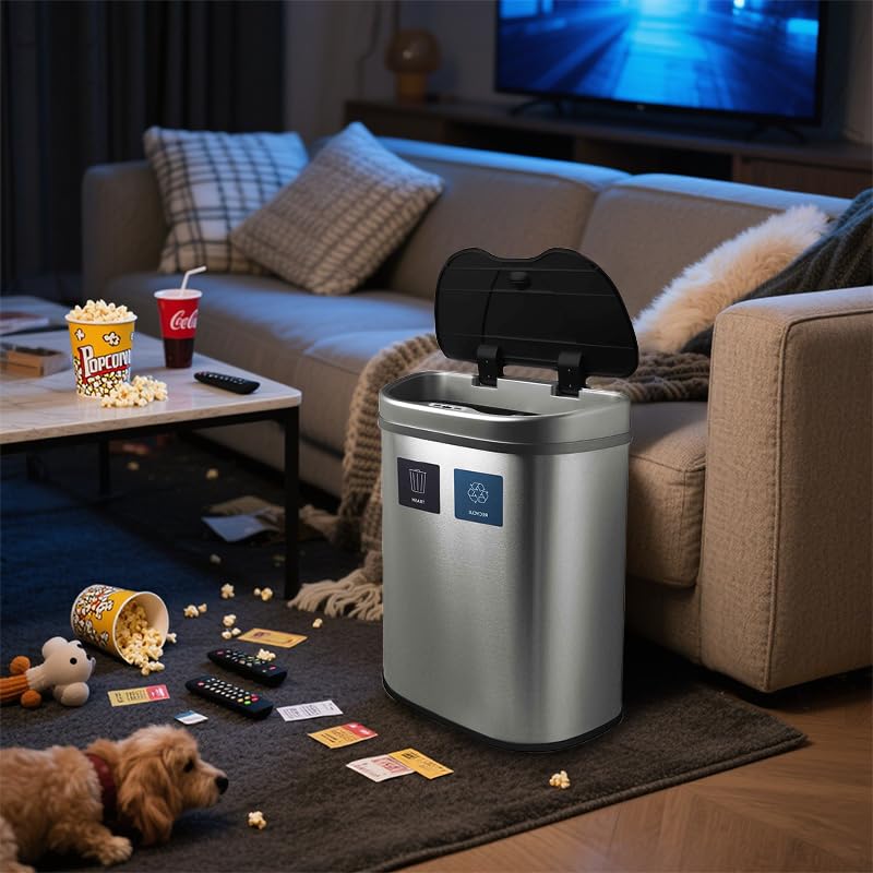 Miniatura 6 de Bote de basura automático con sensor de movimiento infrarrojo sin contacto con doble compartimento, acero inoxidable de 70 L18.5 galones con