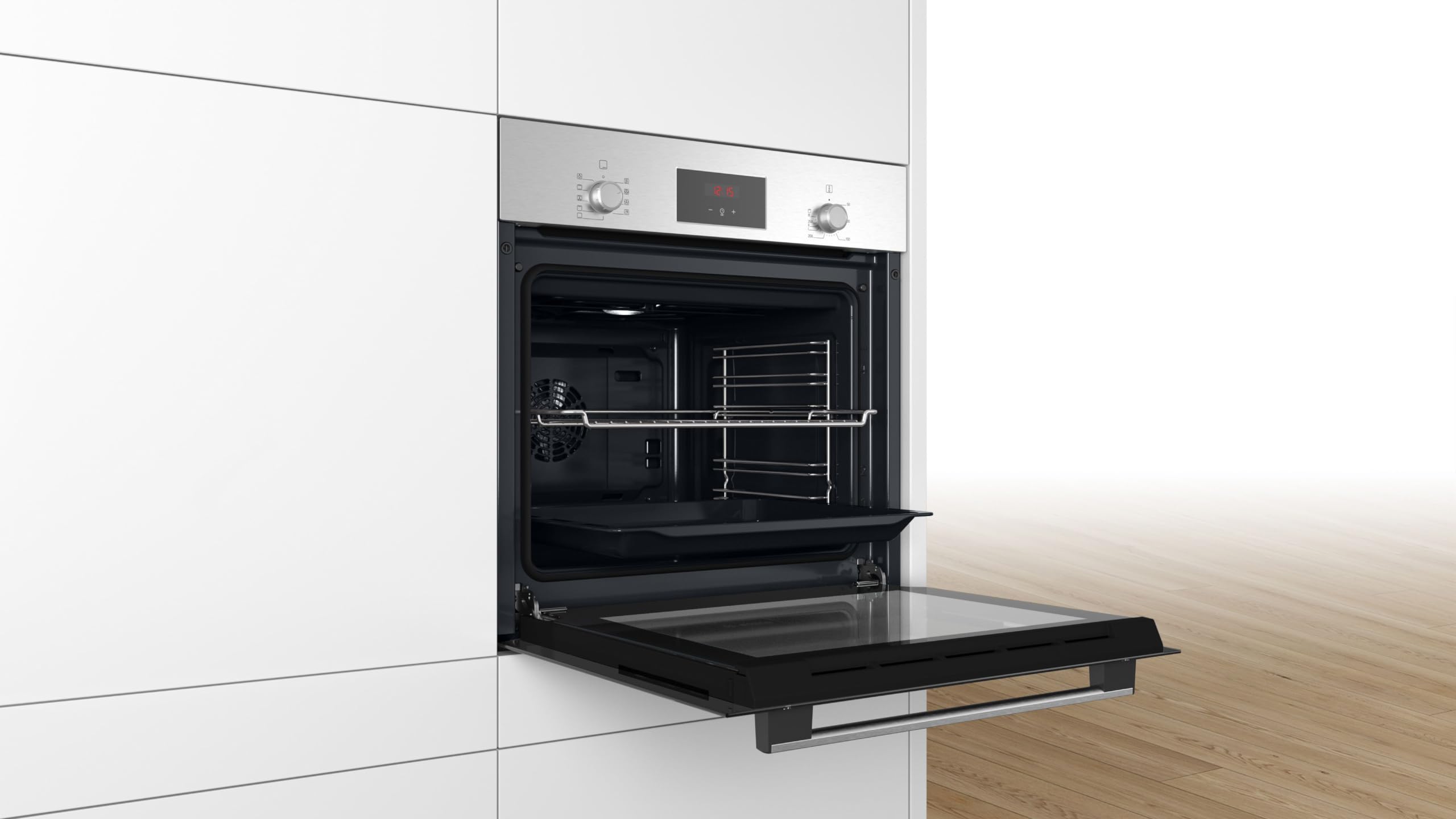 Bosch HBF114BS1 Serie 2, Forno da incasso, Cottura uniforme fino a 3 livelli, Manopole a scomparsa, Display digitale LED rosso, Idrolisi, Acciaio, 60 x 60 cm, Versione Esclusiva Amazon
