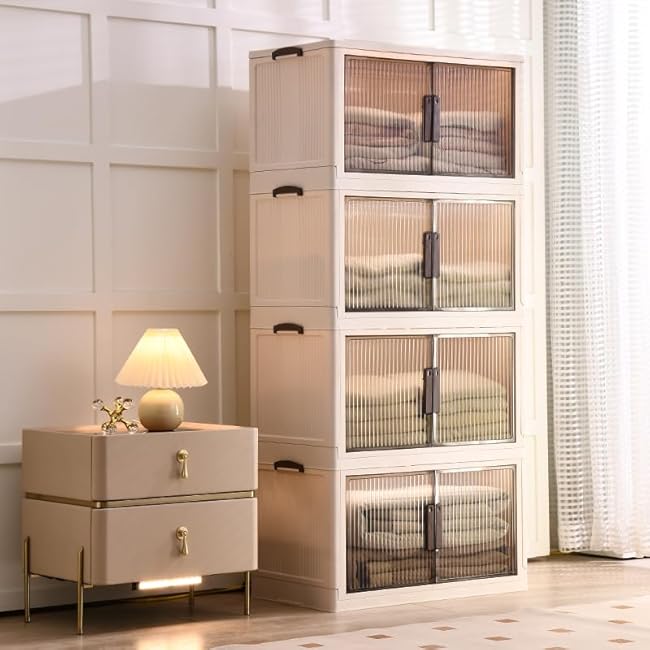 520QT/130GAL Storage Bins with 1 lid, Stackable Storage Bins Closet Organizers and Drawer Foldable Storage Bins Container with door Foldable Storage Box for Home,Office, Dorm Room(104Qt X 5)