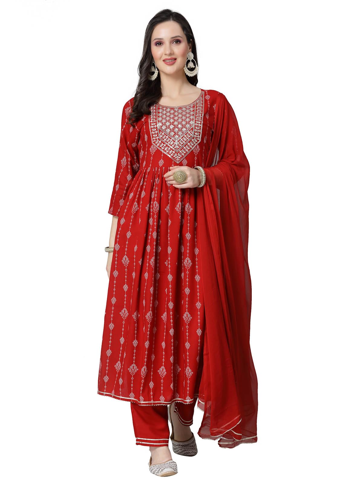 Stylum Women's Printed & Embroidered Naira Cut Kurta Pant Dupatta Set (Kpdgermanred44_Red, Xxl)