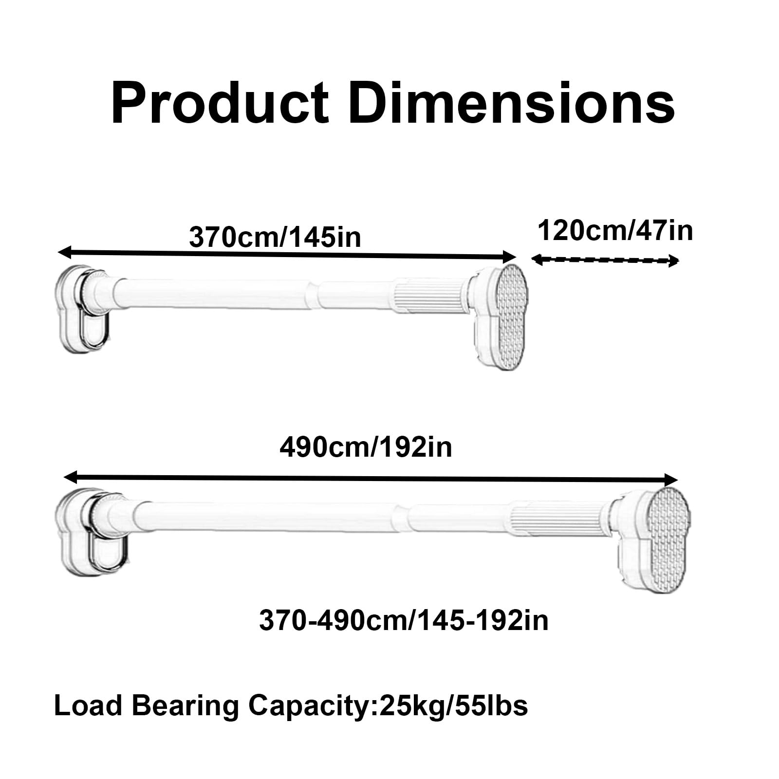 Tringle Rideau de Douche Multifonctionnelle, Barre Rideau de Tension Antidérapante, Sans Perçage, Acier Inoxydable pour Salle Bain Fenêtre(White,370-490cm/145-192in)