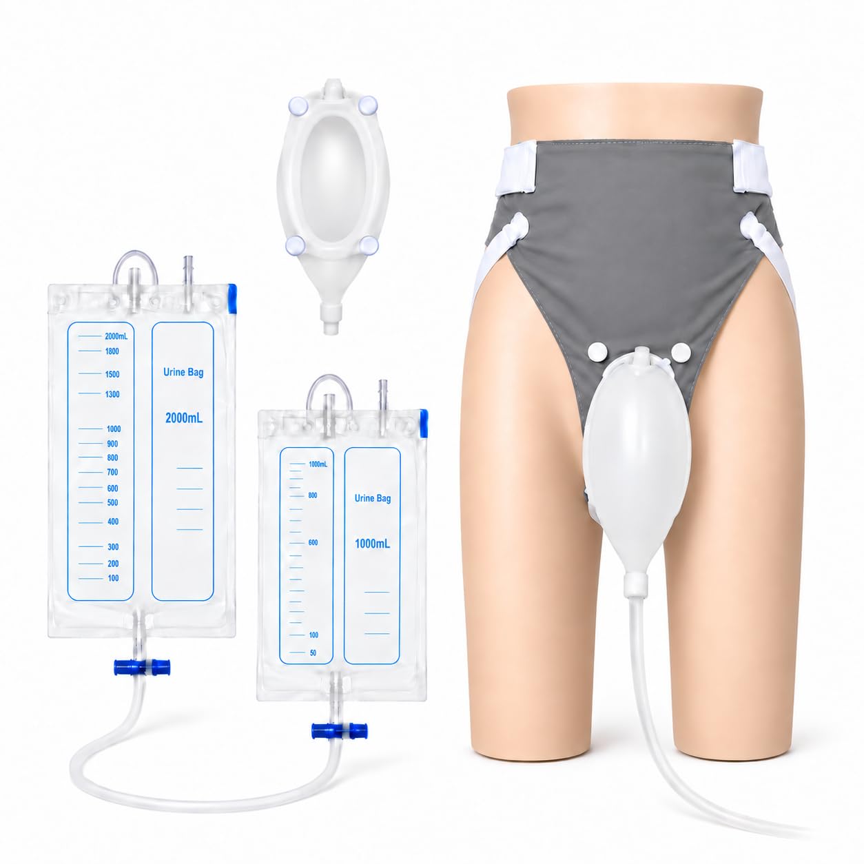 Men’s Wearable Urine Collection System with Adjustable Fixing Pants, Soft Silicone Catheter Cup, Dual Large Capacity 1000ml &amp; 2000ml Drain Bags, Tube External Use Kit for Daily Mobility, Grey