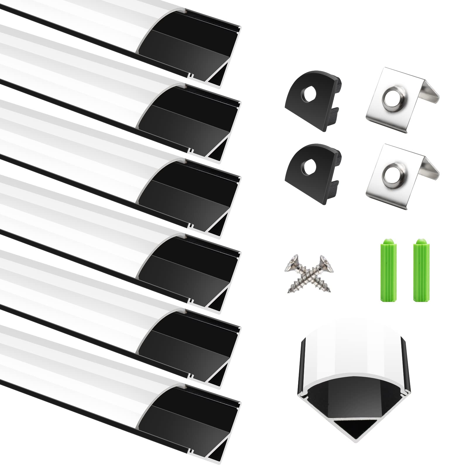 LightingWill Confezione da 6 profili LED in alluminio, 1 m, canale in alluminio, colore argento, a forma di V, diffusore LED con copertura bianco latte, tappi terminali e clip di montaggio per strisce