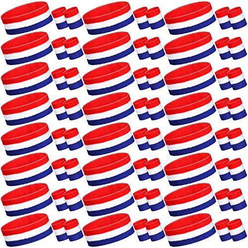 Image of 72 Pcs Bulk Striped Sweatband Set Include 24 Pcs Sweat Absorbing Striped Headbands and 48 Pcs Sweatbands Wristbands Cotton Athletic Sweat Bands for Men Women Gym Sports Workout
