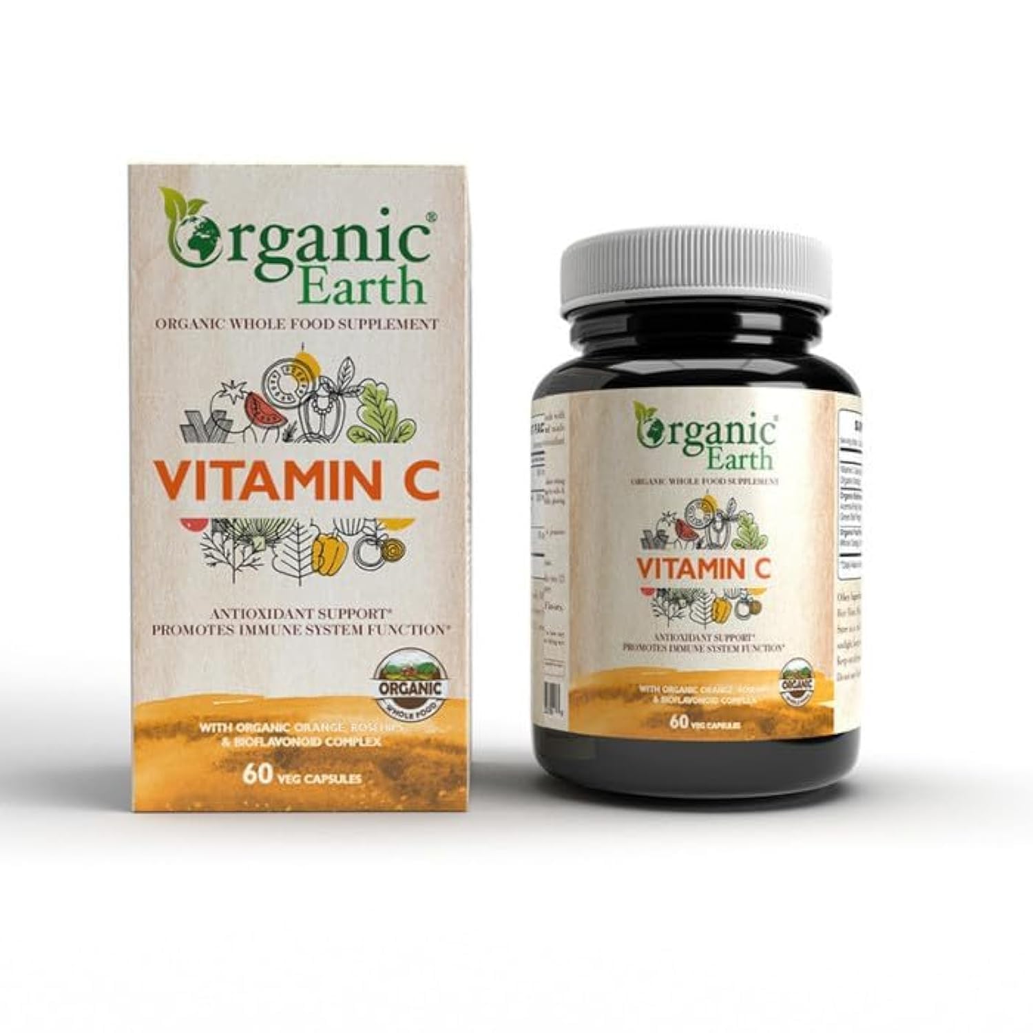 Organic Earth Plant Based Vitamic C I Powerful Antioxidant I Enhance Collagen Production, Aids in Iron absorption I Support Immune System I Vegan, Gluten Free, Clean Nutrition I 60 Capsules