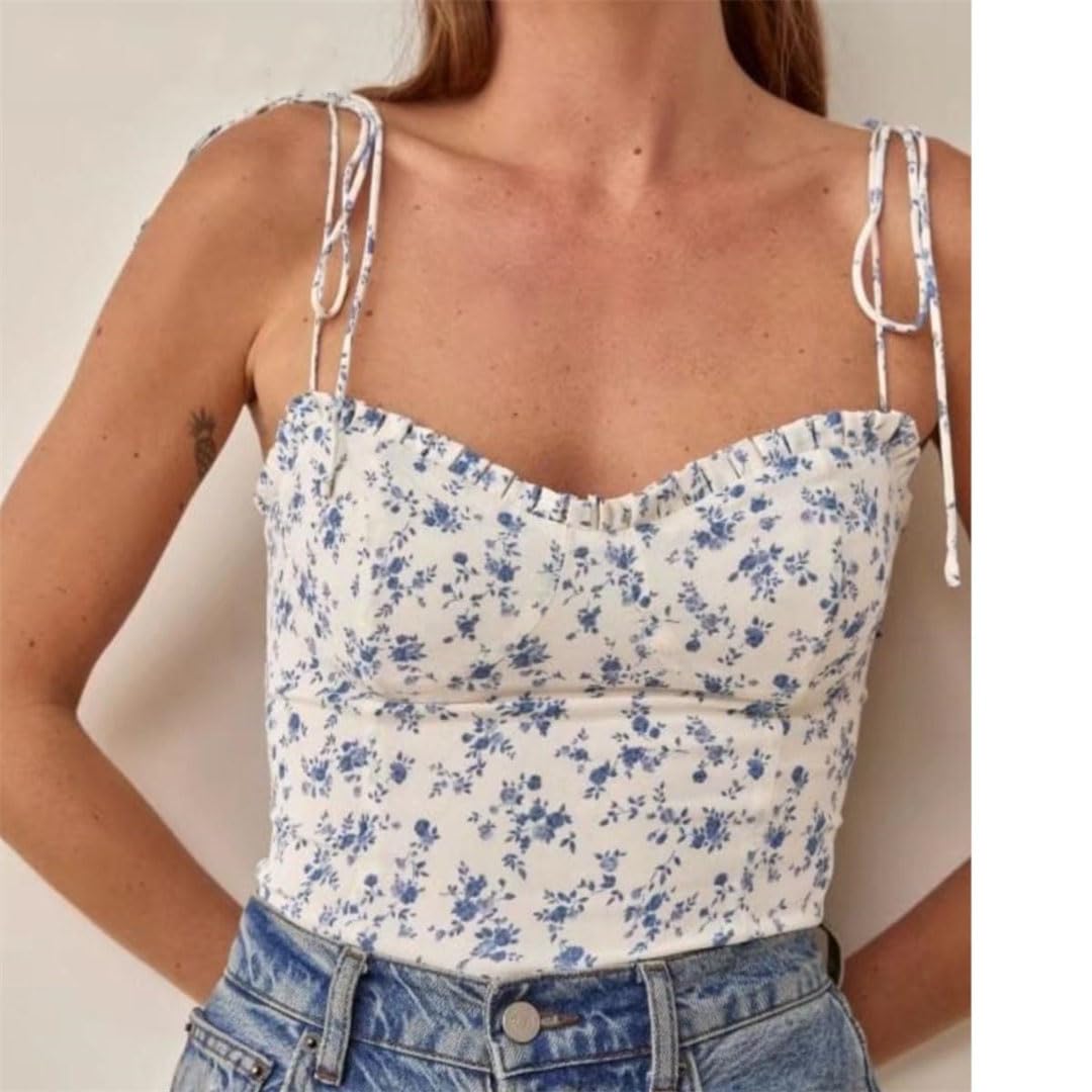 Camiseta sin tirantes con estampado floral azul de verano para mujer, sin tirantes de gasa