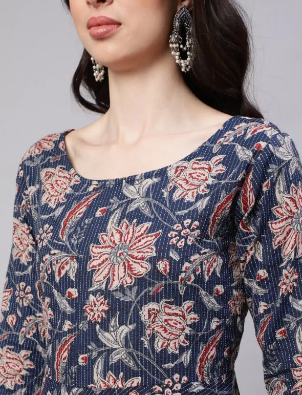 Women Printed Anarkali Kurta Set with Dupatta, Navy Blue and Beige Floral Design (IN, Alpha, L, Regular)