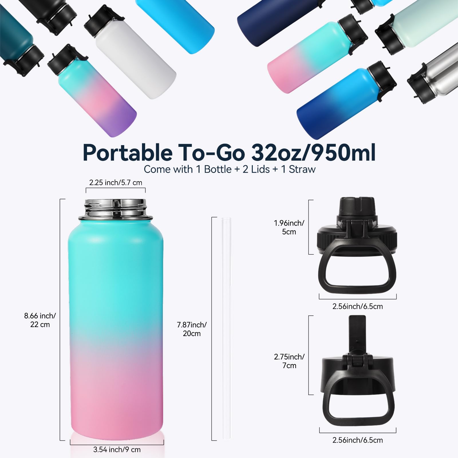 Neihepal Isolierte Wasserflasche, 18/8 Edelstahl, doppelwandig, mit Strohhalm-Deckel und Auslaufdeckel, hält warm und kalt, ideal für Fitnessstudio, Schule, Outdoor, Camping, Sport, Grün, Pink, 4