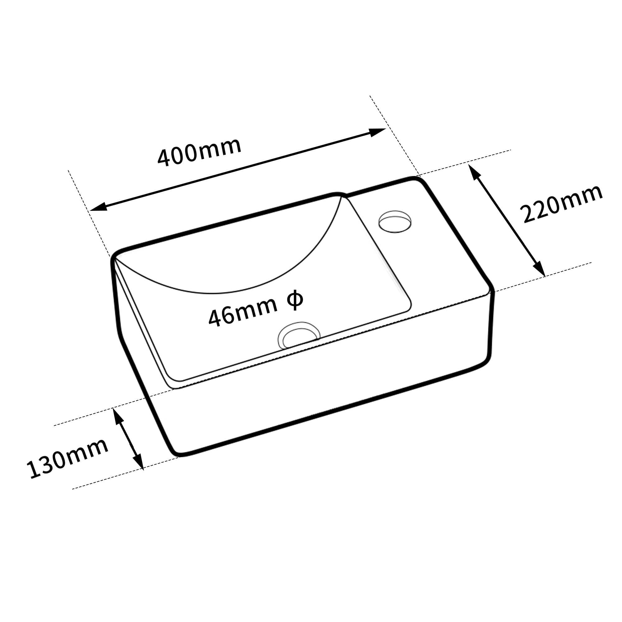 Lavapano rettangolare compatto in ceramica bianca – Lavabo da appoggio di piccole dimensioni, uscita destra – Lavabo design moderno per piccoli bagni e servizi igienici – 40 x 22 x 13 cm