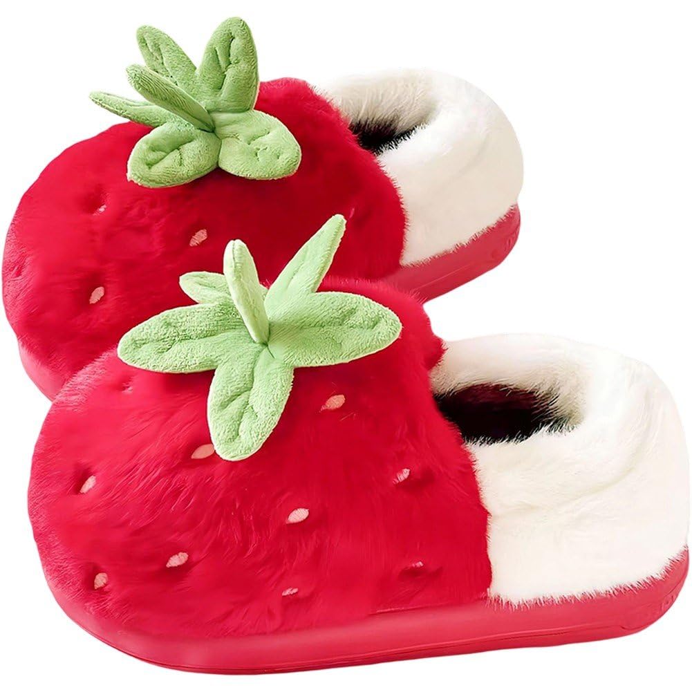 Pantoufles fraise pour femmes Wudaizhi en peluche d'hiver