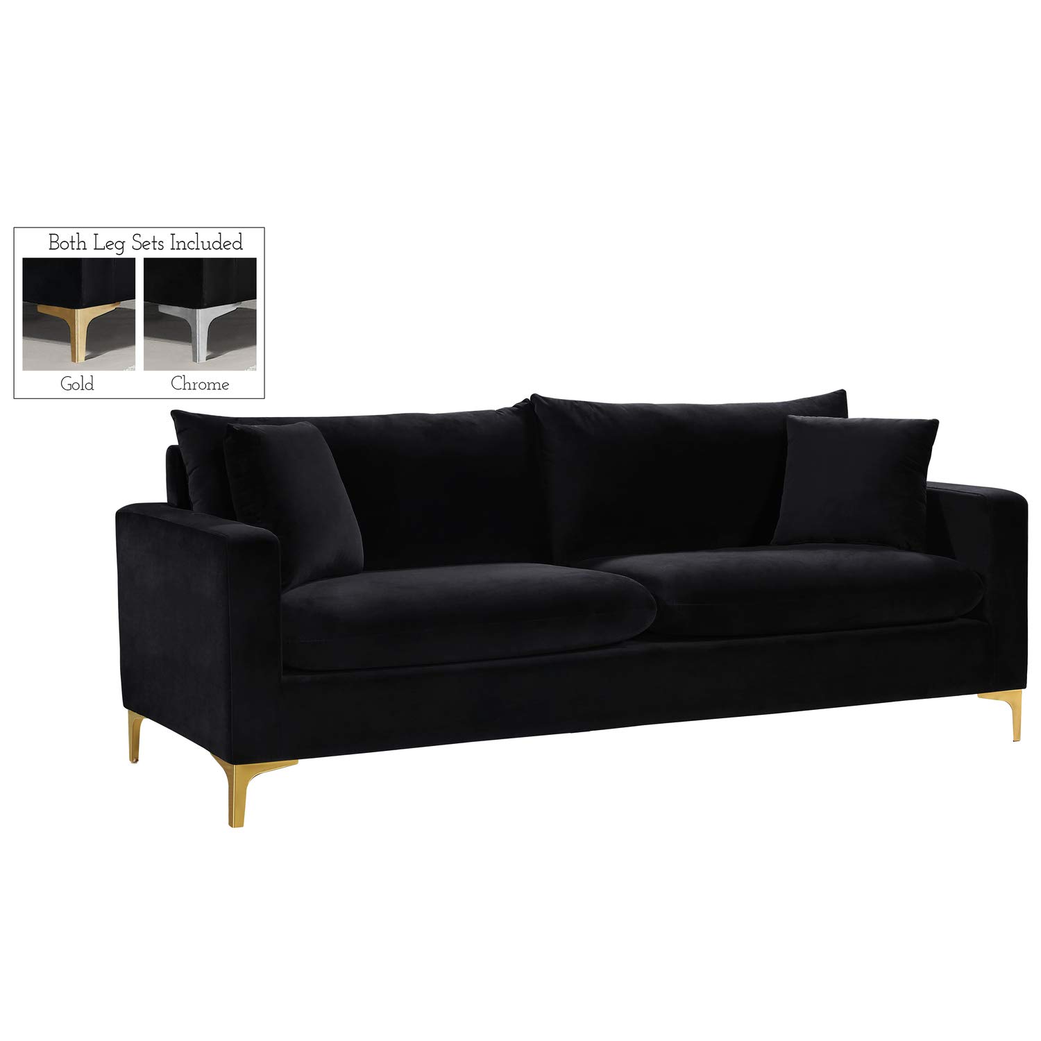 Meridian Furniture Naomi Collection Modern | Contemporary Black Velvet Upholstered Sofa with Stainless Steel Base in a Rich Gold or chrome Finish, (