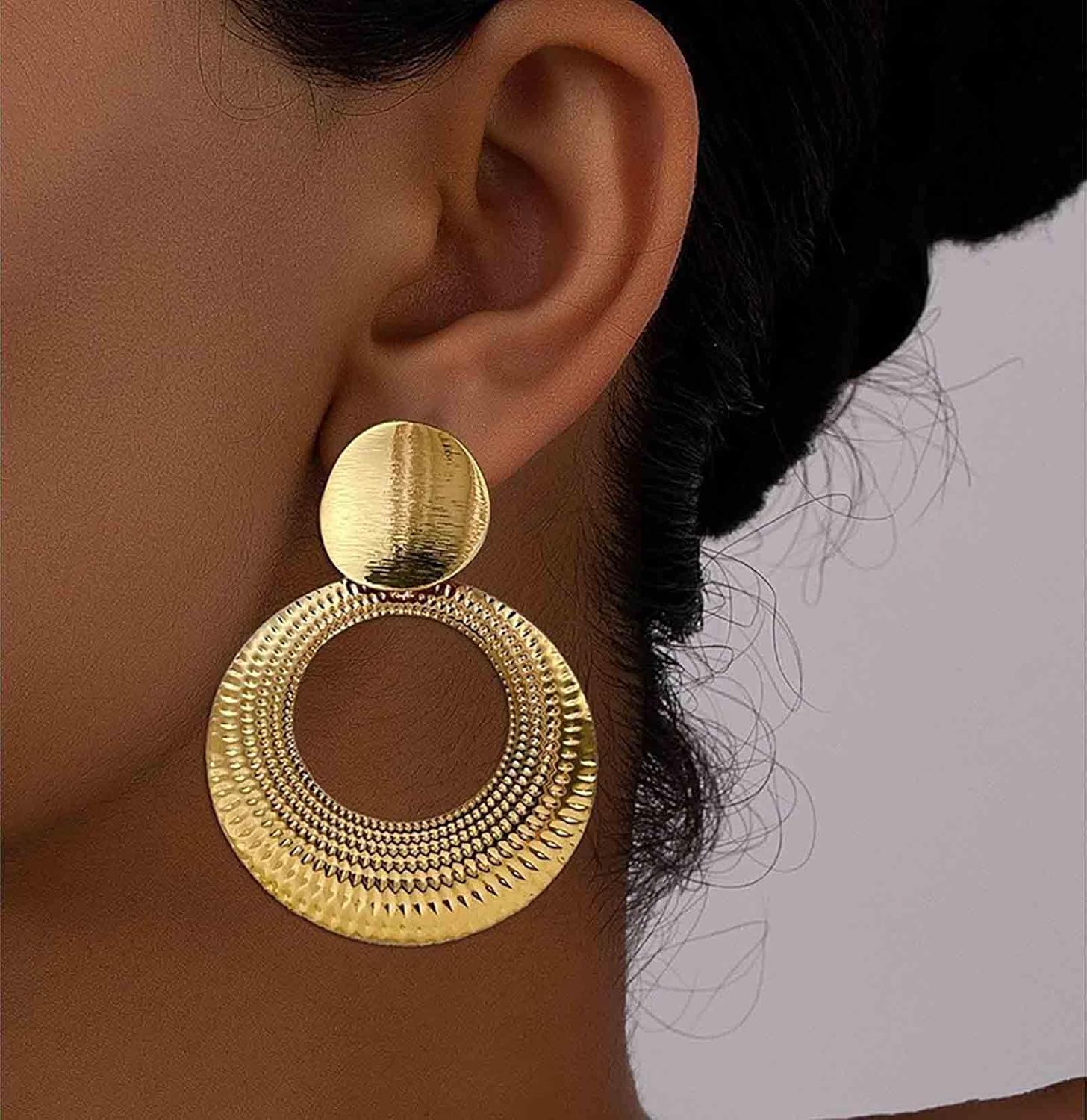 Punk Hammered Circle Dangle Earrings Gold Disc Stud Earrings Hollow Circle Drop Earrings Exaggerated Circle Earrings Jewelry for Women - Image 2
