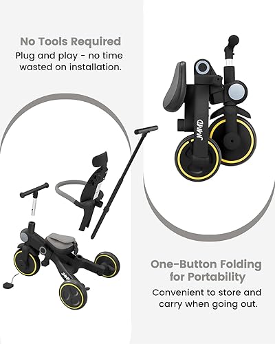 Miniatura 6 de JMMD Triciclo para bebé, 7 en 1 multifuncional para niños con mango ajustable para padres, arnés de seguridad y frenos de rueda, toldo extraíble,