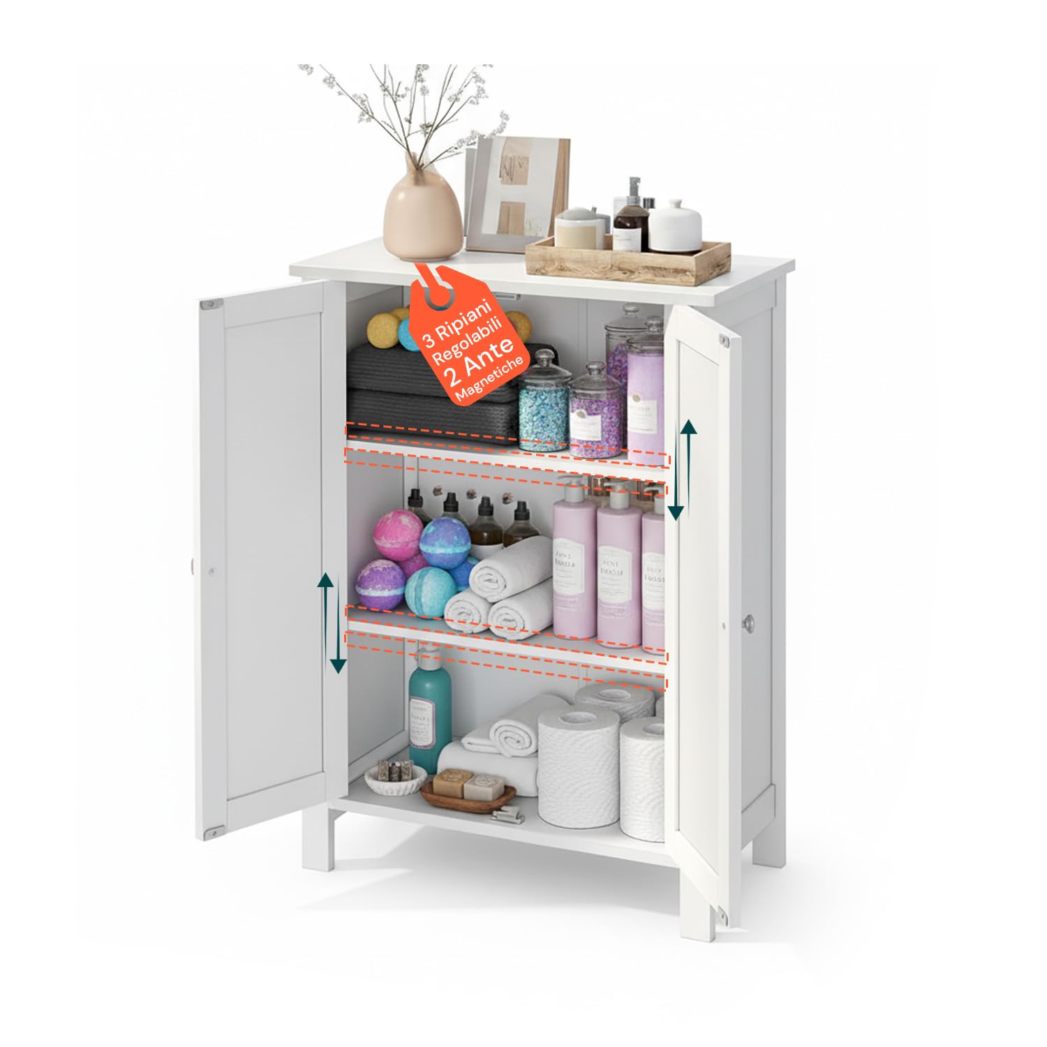 Avilia - Mobiletto Bagno Salvaspazio in MDF con 3 Ripiani Regolabili e 2 Ante con Chiusura Magnetica, Armadietto Multiuso Compatto per Organizzare Casa, Ideale per Bagno Cucina o Ingresso