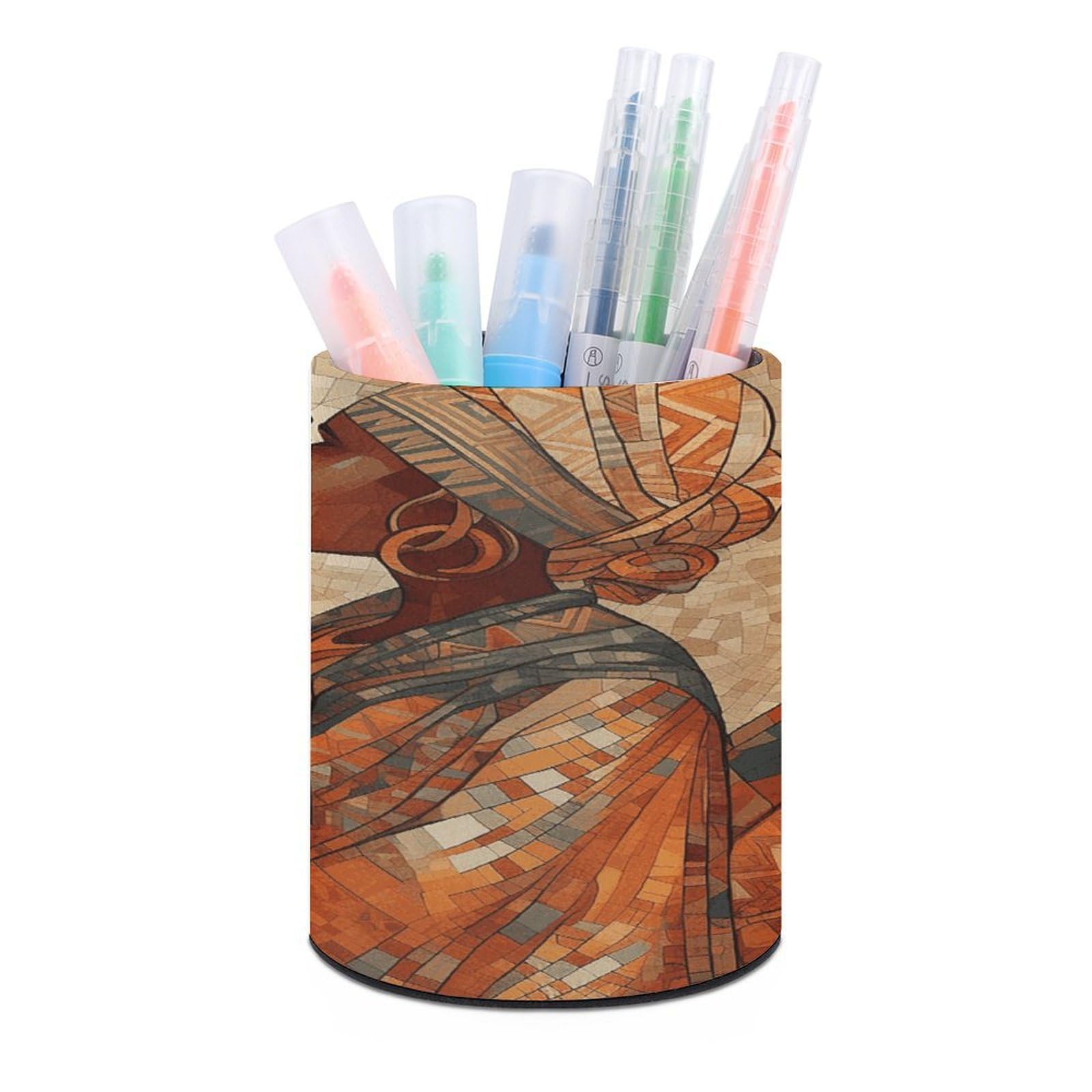 VstaDank Africa Ethnic Pottery Pen Holder Round Pencil Holder Cup Pen Container PU Leather Desk Organizer Stand Decor Brush Scissor Holders Decoration Office Desk Home (3.1 X 3.9 Inches)