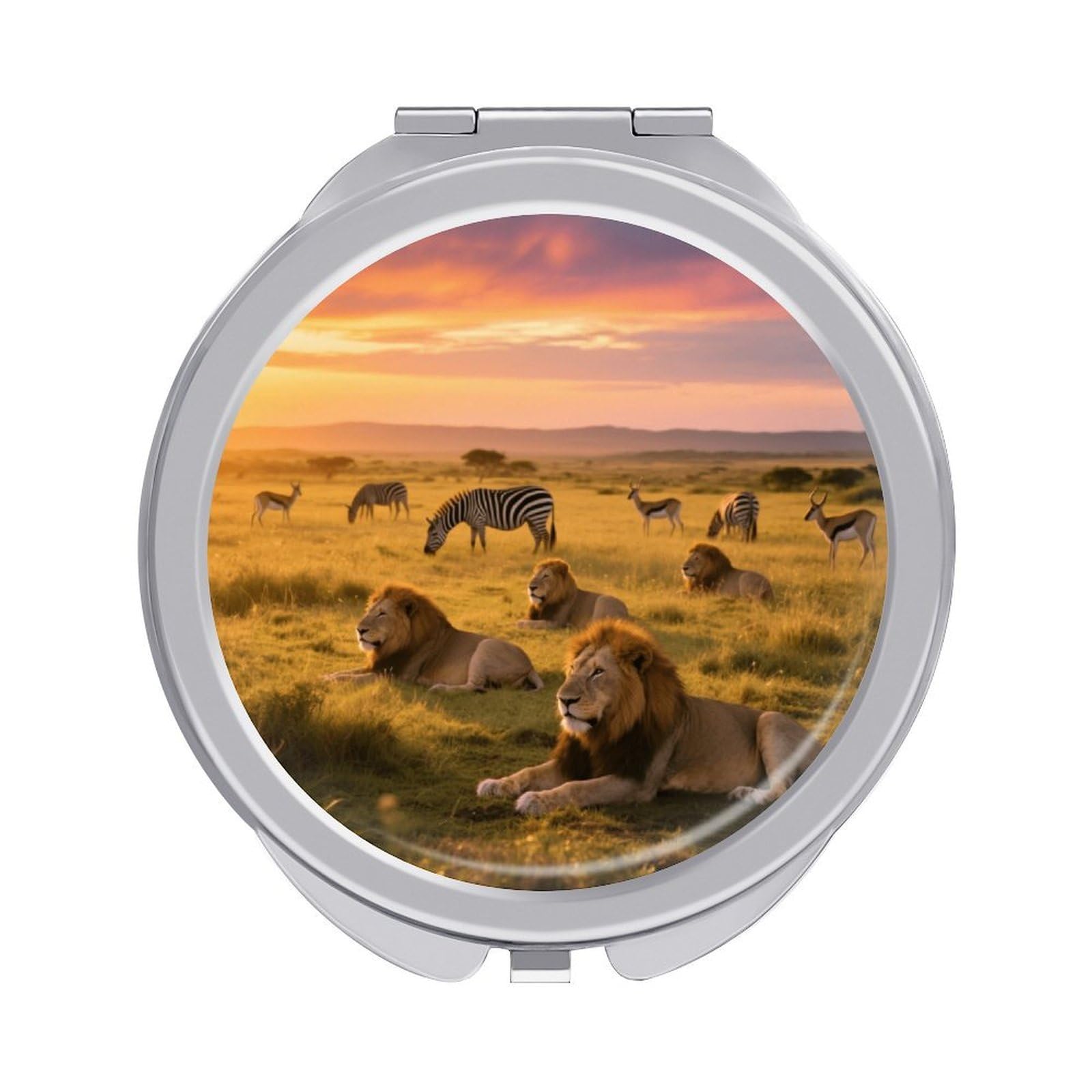 Fekiloot Style Grassland Animals At Dusk Travel Makeup Mirror Handheld Compact Mirror Portable Pocket Mirror Double-Sided 1X/2X Magnifying For Handbag And Purses