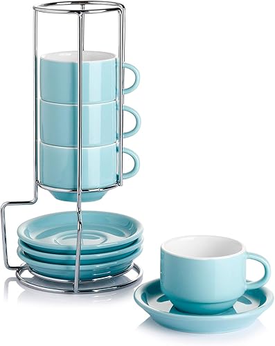 Sweese - Juego de 4 tazas de espresso apilables de porcelana de 4 onzas con platillos y soporte de metal, color turquesa