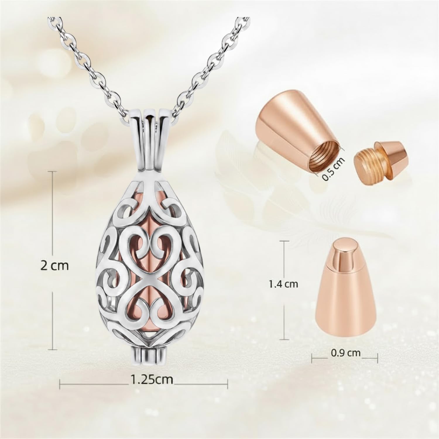 Urnenkette für Asche, Kette Asche Anhänger, Roségold Kapsel in Silber Filigran-Fassung