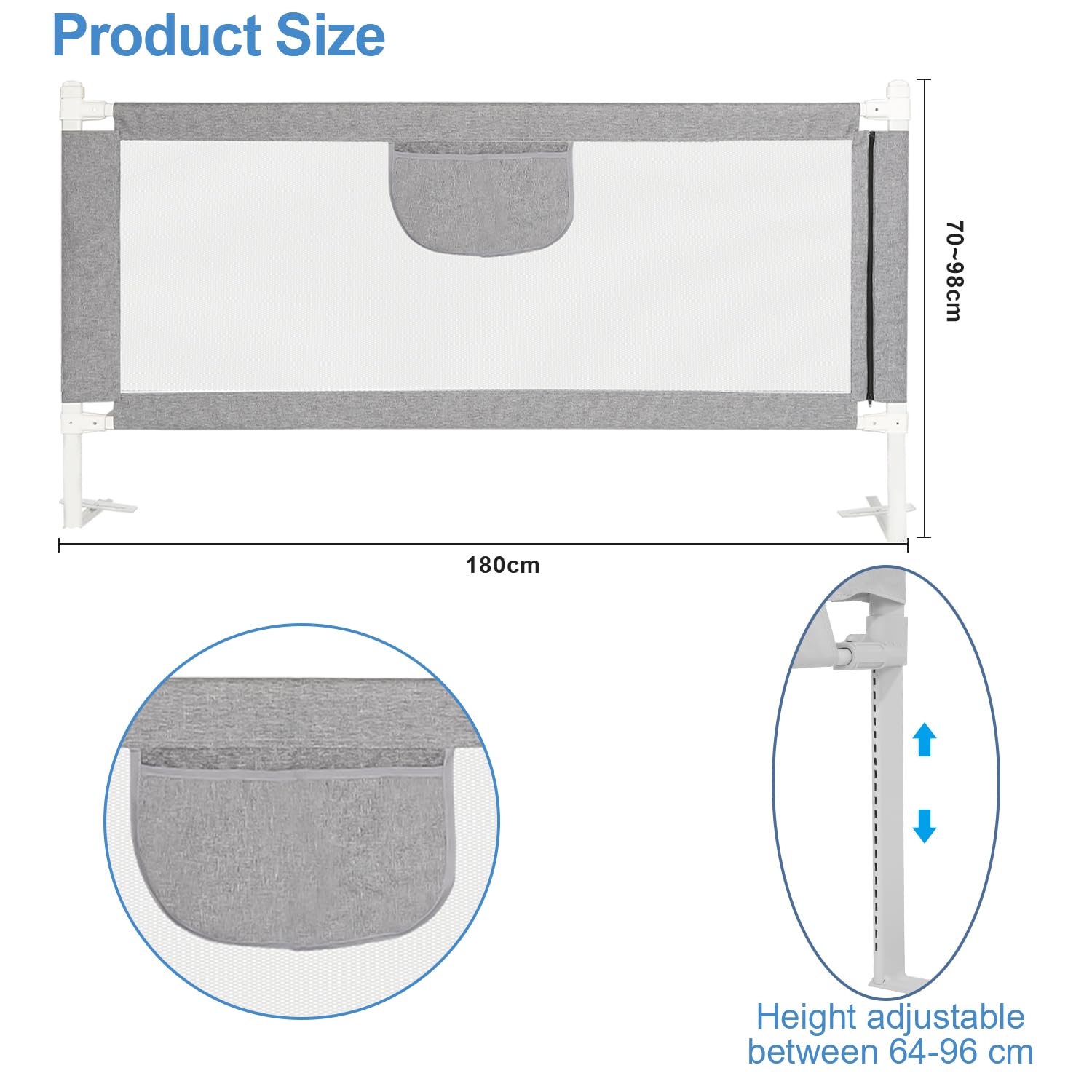 Griglia di protezione per letto da 180 cm, altezza regolabile 64 – 96 cm, con rete traspirante per bambini e letti dei genitori, stabile, colore: grigio