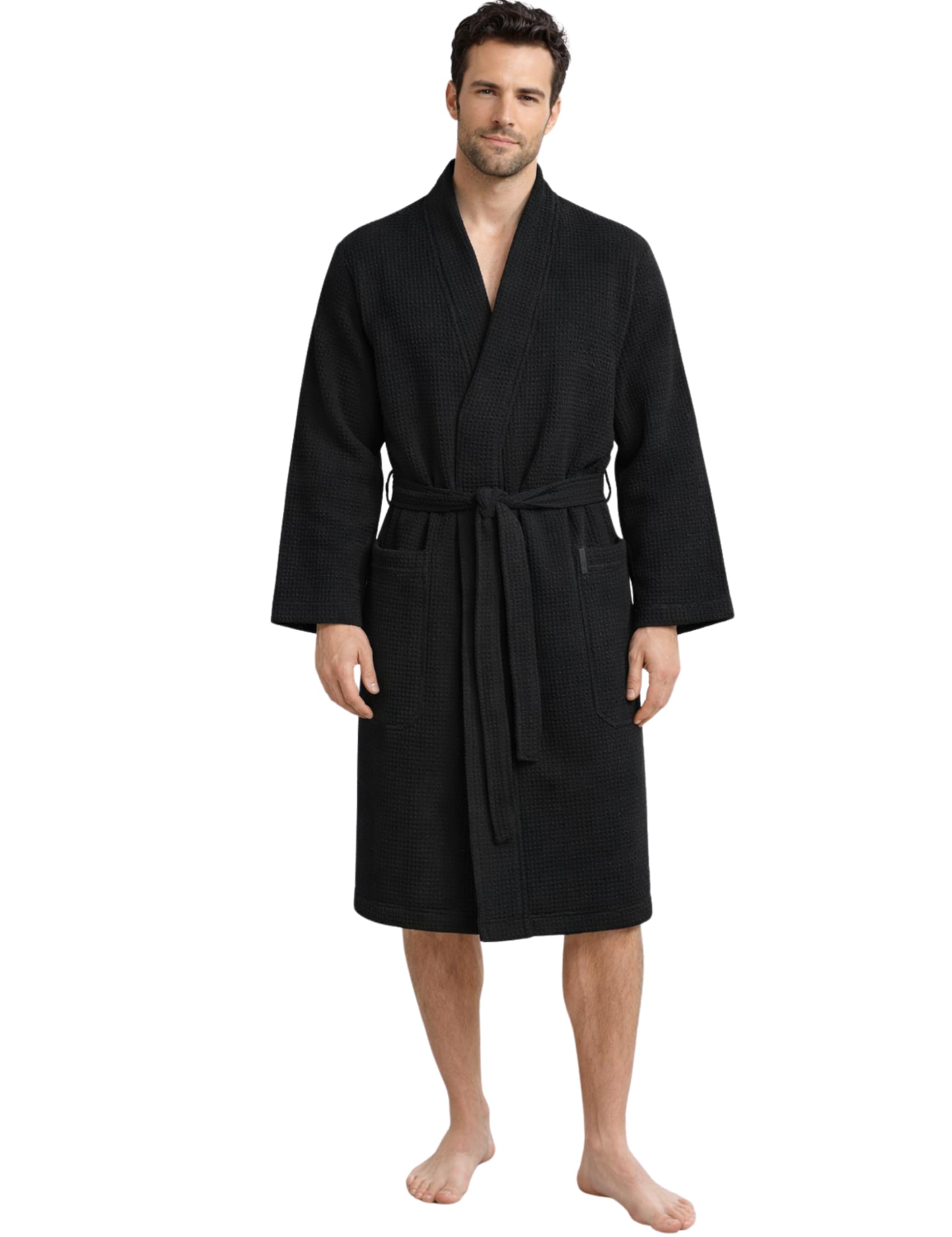 Morgenstern Men's Black Dressing Gown Waffle 100% Cotton Lightweight Kimono Bathrobe L